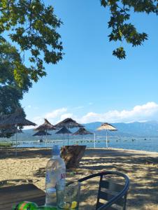 a table on the beach with a bottle of water at Villa Twins Dojran in Nov Dojran +62 photos