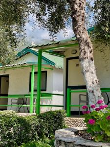 a green and white house with a tree and flowers at Chalet Ambel in Dhërmi