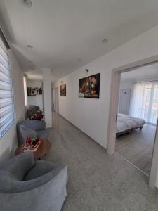 a living room with two chairs and a couch and a bed at Chorev Apartments in Valandovo