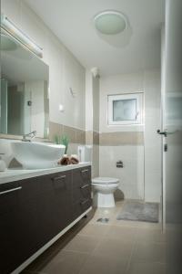 a bathroom with a sink and a toilet and a mirror at Apartment Admiral in Belgrade