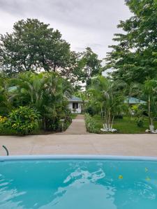 a swimming pool in front of a house with trees at Buddha Retreat Hotel in San Juanillo