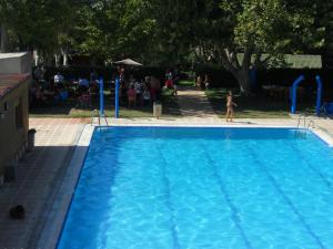 a little girl standing in a blue swimming pool at Camping Fuente de Piedra in Fuente de Piedra