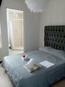 a bedroom with a blue bed with a mirror at Exclusiva Casa con Alberca in Bata