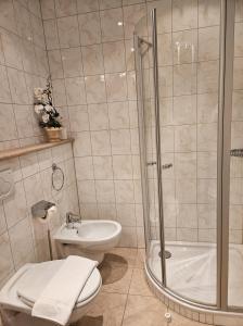 une salle de bains avec douche, toilettes et lavabo dans l'établissement alpinzeit.bayern Tanja und Thomas Preinfalk inkl. Chiemgaukarte, à Ruhpolding 26 autres photos