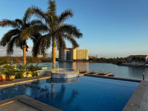 a swimming pool with a palm tree and a river at Casa Isla Marina Vista al Mar 20 Personas in Mazatlán
