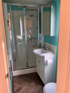 a bathroom with a shower and a sink at Mersea Island at Lazeeedays in Colchester