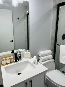 une salle de bain avec un lavabo, des toilettes et un miroir dans l'établissement Amy's 2-Bedroom Residence, à Calgary 15 autres photos
