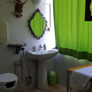 a bathroom with a sink and a green shower curtain at Ostello Valtrebbia in Marsaglia +63 photos