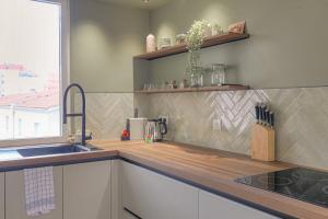 eine Küche mit Spüle und Arbeitsplatte in der Unterkunft Luxe et Design avec parking gratuit in Lyon