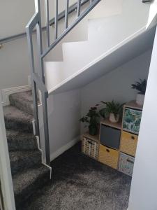 a stairway with a white stair railing and a stair case at Ivy House Apartment in Ennis town with private access in Ennis