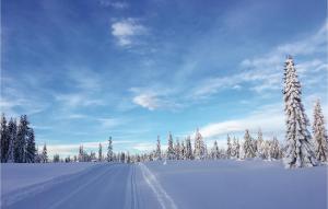 a snow covered road with snow covered trees and clouds at Two-Bedroom Holiday Home In Sjusjoen in Sjusjøen