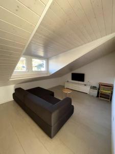 a living room with a black couch and a tv at Residenza Noemi in Bellinzona