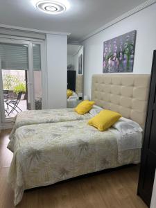 乌迪亚莱斯堡Apartamento Castro Holidays - con Parking incluido的卧室里有一张大床，上面有黄色枕头