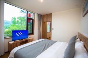 une chambre avec un lit, une télévision et une fenêtre dans l'établissement A Mountain Home别有洞天-山居民宿, à Taiping
