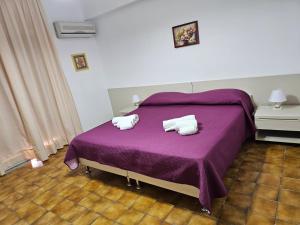 a bedroom with a purple bed with two pillows at Hotel Fernanda in Letojanni