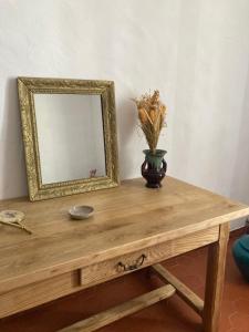 uno specchio e un vaso su un tavolo di legno di Chez la Mamé ad Alès Altre 6 foto