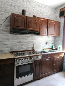 梅斯特Stay Venice Station的厨房配有木制橱柜、炉灶和水槽。