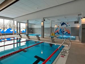 a large swimming pool with blue water at Apartament z Jacuzzi na wyłączność Dolina Baryczy in Żmigród