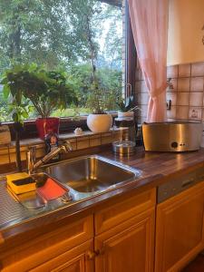 een aanrecht met een wastafel en een raam bij Entire home close to Hamburg, train&airport nearby in Norderstedt