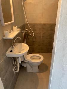 a small bathroom with a toilet and a sink at Hôtel Sindbad in Houmt Souk