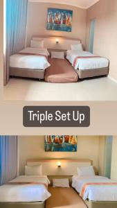 two pictures of a hotel room with two beds at Laxston Hotel in Yogyakarta