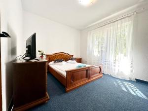 a bedroom with a bed and a tv and a window at Sunsilva in Olimp