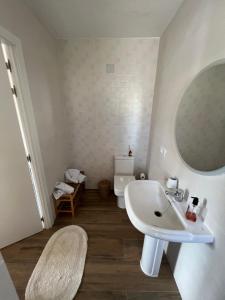 a bathroom with a sink and a mirror and a toilet at Villa tosalet in Jávea