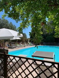サビオ・ディ・ラヴェンナにあるAgriturismo Ca' Marinaのテーブルとパラソルのあるプール
