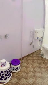 a bathroom with a toilet with three stools on the floor at Vintage Vista Camps in Kasol