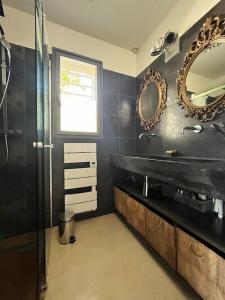 ein Badezimmer mit Waschbecken, Spiegel und Dusche in der Unterkunft Propriété avec vue panoramique in Montferrier-sur-Lez