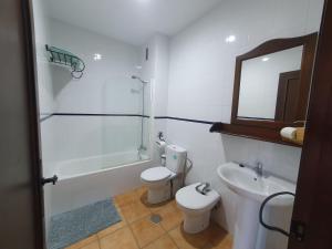 une salle de bain avec toilettes, lavabo et miroir dans l'établissement POSADA LOS PEDREGALES, à El Granado 30 autres photos