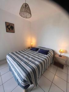 ein Schlafzimmer mit einem Bett und zwei Lampen an zwei Tischen in der Unterkunft Les pieds dans l'eau in San-Nicolao