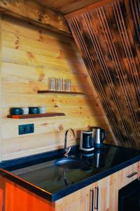 a kitchen with a sink in a tiny house at Relax Dağ Evleri in Dikkaya +34 photos