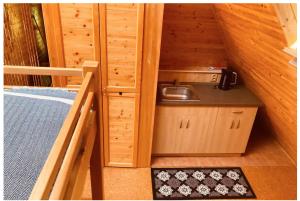 una piccola cucina con lavandino in una cabina di Pyramida a Nasavrky