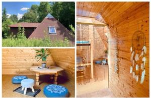 due immagini di una casa di legno con un tavolo e una sedia di Pyramida a Nasavrky