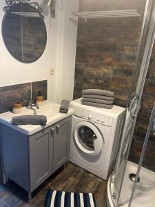 a bathroom with a washing machine and a sink at Viesu nams Stella in Ventspils