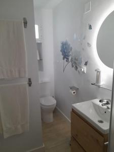 ein Badezimmer mit Toilette, Waschbecken und Spiegel in der Unterkunft Acogedor Apartamento Entero in Arcos de la Frontera