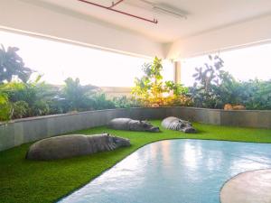 three hippos laying on the grass next to a swimming pool at Minimalist Studio Grand Kamala Lagoon Apartment By Travelio in Bekasi