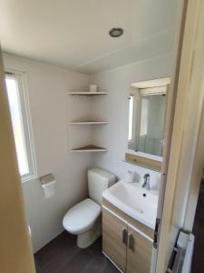 a bathroom with a toilet and a sink and a mirror at MOBIL HOME 40M2 ECRIN DE VERDURE in Rocbaron