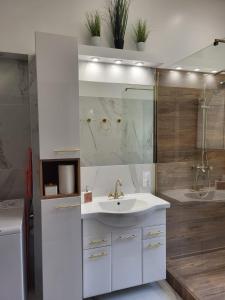 un bagno bianco con lavandino e doccia di Luksusowy Apartament w Sopocie a Sopot
