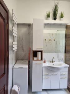 un piccolo bagno bianco con lavandino e bancone di Luksusowy Apartament w Sopocie a Sopot Altre 29 foto