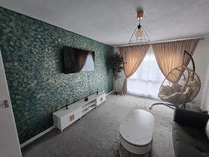 a living room with a tv on a green wall at Cosy Home City Centre with free parking in Nottingham