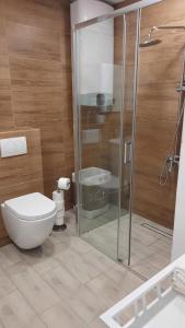 a bathroom with a toilet and a glass shower at Apartments Ruzica in Makarska