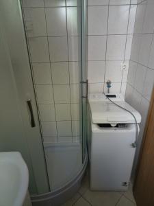 a bathroom with a shower and a sink and a toilet at apartman Ante in Kaštela