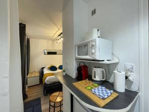 a small room with a kitchen counter with a microwave at Rouen Centre - Joli studio avec espace extérieur in Rouen