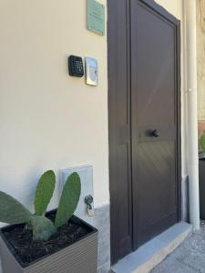 Un cactus in una pentola davanti a una porta di Amunì in terrazza a Porto Empedocle