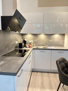 a kitchen with white cabinets and a sink at City Suite Drita in Alsdorf +17 photos