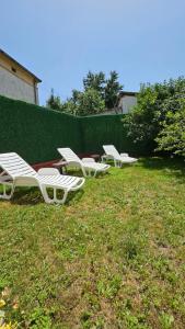 a group of white lawn chairs sitting in the grass at Kuća Veneto & Free Parking in Soko Banja