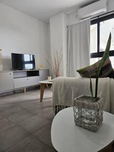 un salon avec une plante en pot sur une table dans l'établissement El Legado Departamento, à San Juan
