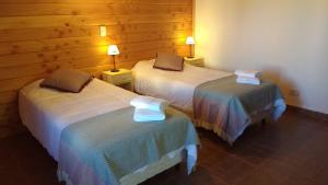 two beds in a room with wooden walls at La Aljaba in El Bolsón